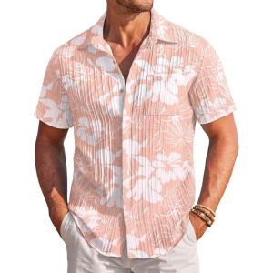 image:imageCOOFANDY Mens Casual Textured Short Sleeve Button Down Summer Beach ShirtPink White Floral