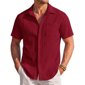 image:imageCOOFANDY Mens Casual Textured Short Sleeve Button Down Summer Beach ShirtWine Red