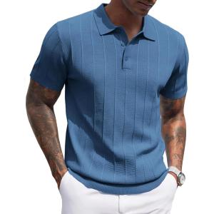 image:imageCOOFANDY Mens Knit Polo Shirts Short Sleeve Ribbed Textured Polo Shirt Lightweight Casual Golf Shirts Collared T ShirtDenim Blue