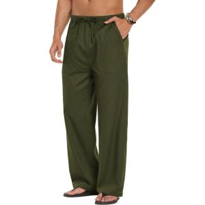 image:imageCOOFANDY Mens Linen Pant Elastic Waist Linen Pants Drawstring Summer Beach PantA Army Green