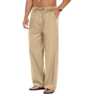 image:imageCOOFANDY Mens Linen Pant Elastic Waist Linen Pants Drawstring Summer Beach PantA Beige