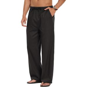image:imageCOOFANDY Mens Linen Pant Elastic Waist Linen Pants Drawstring Summer Beach PantA Black