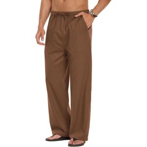 image:imageCOOFANDY Mens Linen Pant Elastic Waist Linen Pants Drawstring Summer Beach PantA Brown