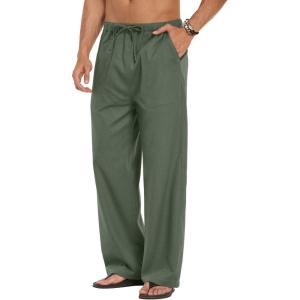 image:imageCOOFANDY Mens Linen Pant Elastic Waist Linen Pants Drawstring Summer Beach PantA Dark Army Green