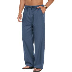 image:imageCOOFANDY Mens Linen Pant Elastic Waist Linen Pants Drawstring Summer Beach PantA Denim Blue