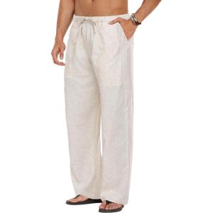 image:imageCOOFANDY Mens Linen Pant Elastic Waist Linen Pants Drawstring Summer Beach PantA Linen Khaki