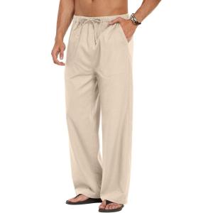 image:imageCOOFANDY Mens Linen Pant Elastic Waist Linen Pants Drawstring Summer Beach PantA Medium Khaki
