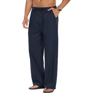 image:imageCOOFANDY Mens Linen Pant Elastic Waist Linen Pants Drawstring Summer Beach PantA Navy Blue