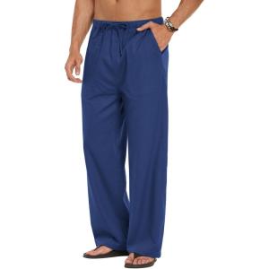 image:imageCOOFANDY Mens Linen Pant Elastic Waist Linen Pants Drawstring Summer Beach PantA Royal Blue