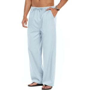 image:imageCOOFANDY Mens Linen Pant Elastic Waist Linen Pants Drawstring Summer Beach PantA Sky Blue