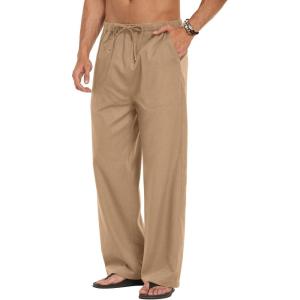 image:imageCOOFANDY Mens Linen Pant Elastic Waist Linen Pants Drawstring Summer Beach PantB Dark Khaki