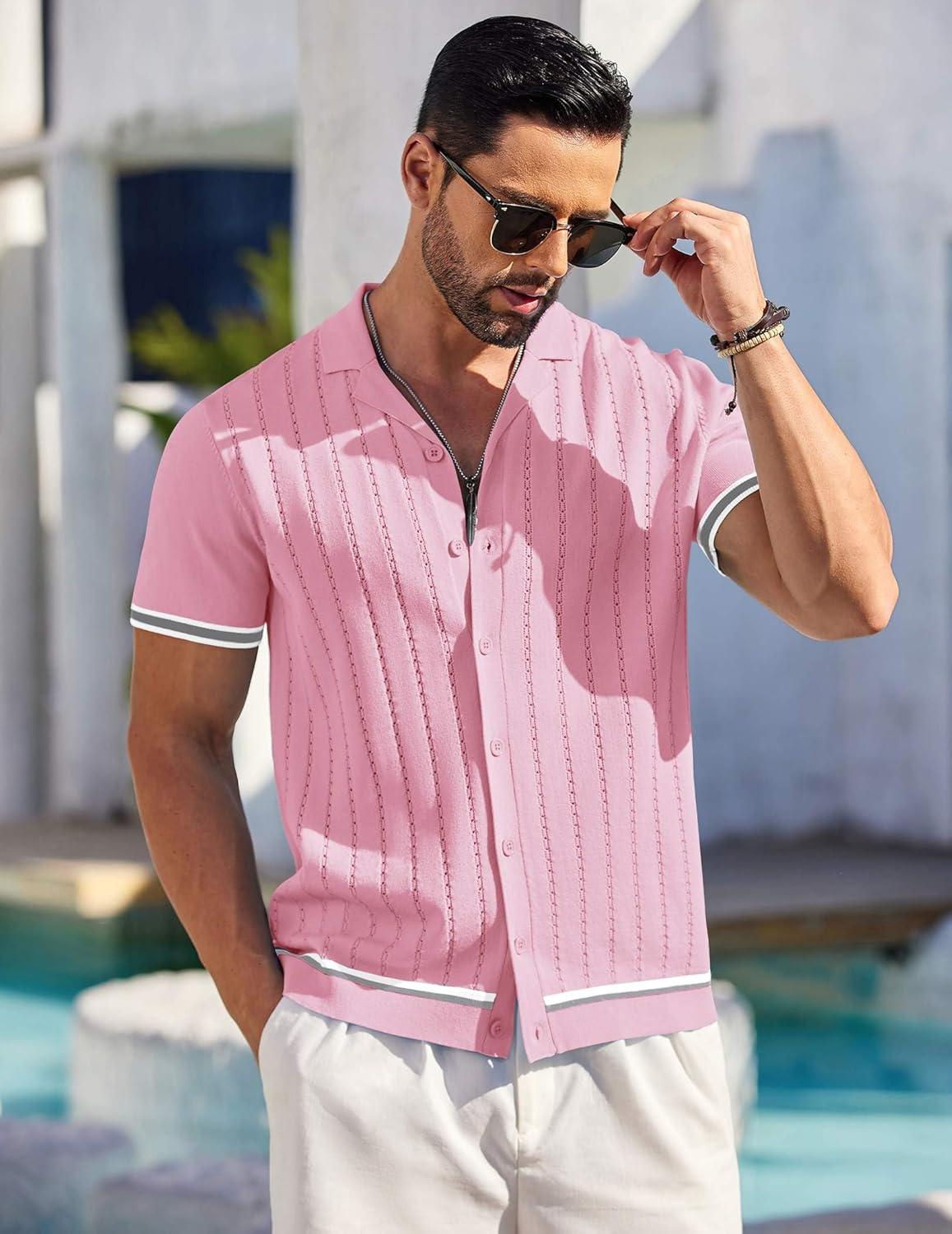 image:imageCOOFANDY Mens Short Sleeve Knit Shirt Casual Button Down Shirt Vintage Striped Knitted Golf Beach TopsCoral Pink
