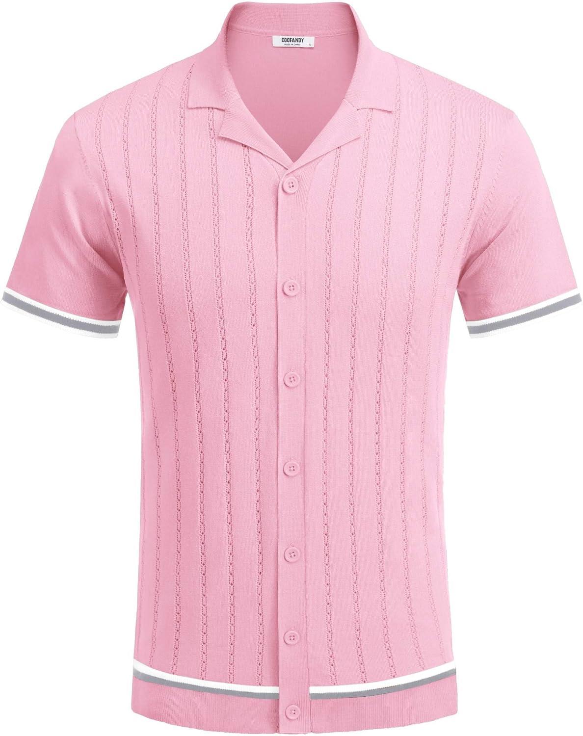image:imageCOOFANDY Mens Short Sleeve Knit Shirt Casual Button Down Shirt Vintage Striped Knitted Golf Beach TopsCoral Pink