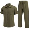 image:imageCOOFANDY Mens 2 Piece Sets Summer Outfits Short Sleeve Button Down Shirt Loose Pant Sets Beach Vacation OutfitsArmy Green