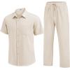 image:imageCOOFANDY Mens 2 Piece Sets Summer Outfits Short Sleeve Button Down Shirt Loose Pant Sets Beach Vacation OutfitsBeige