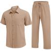 image:imageCOOFANDY Mens 2 Piece Sets Summer Outfits Short Sleeve Button Down Shirt Loose Pant Sets Beach Vacation OutfitsKhaki