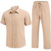 image:imageCOOFANDY Mens 2 Piece Sets Summer Outfits Short Sleeve Button Down Shirt Loose Pant Sets Beach Vacation OutfitsLight Khaki