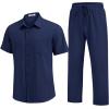 image:imageCOOFANDY Mens 2 Piece Sets Summer Outfits Short Sleeve Button Down Shirt Loose Pant Sets Beach Vacation OutfitsNavy Blue