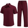 image:imageCOOFANDY Mens 2 Piece Sets Summer Outfits Short Sleeve Button Down Shirt Loose Pant Sets Beach Vacation OutfitsWine Red