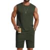 image:imageCOOFANDY Mens 2 Piece Outfits Beach Knit Jacquard Sleeveless Shirt and Shorts Sets Summer Athletic Vacation SetArmy Green