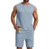 image:imageCOOFANDY Mens 2 Piece Outfits Beach Knit Jacquard Sleeveless Shirt and Shorts Sets Summer Athletic Vacation SetLight Blue