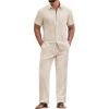 image:imageCOOFANDY Mens 2 Piece Sets Summer Outfits Short Sleeve Button Down Shirt Loose Pant Sets Beach Vacation OutfitsBeige