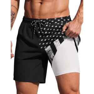 image:imageCOOFANDY 2 in 1 Mens Swim Trunks 7 Inch Quick Dry Board Shorts Beach Swim Shorts Bathing Suit with Compression LinerBlack American Flag