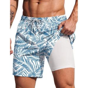 image:imageCOOFANDY 2 in 1 Mens Swim Trunks 7 Inch Quick Dry Board Shorts Beach Swim Shorts Bathing Suit with Compression LinerDeep Blue Plam Leaf