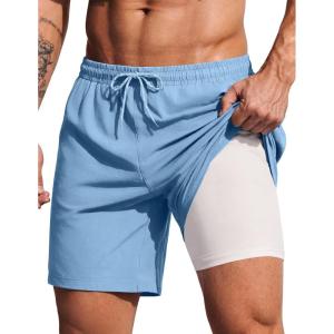 image:imageCOOFANDY 2 in 1 Mens Swim Trunks 7 Inch Quick Dry Board Shorts Beach Swim Shorts Bathing Suit with Compression LinerLight Blue
