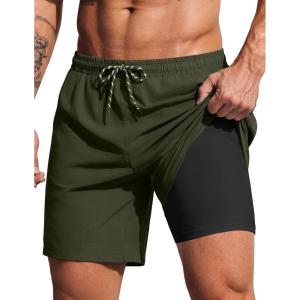 image:imageCOOFANDY 2 in 1 Mens Swim Trunks 7 Inch Quick Dry Board Shorts Beach Swim Shorts Bathing Suit with Compression LinerOlive Green