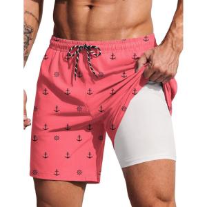 image:imageCOOFANDY 2 in 1 Mens Swim Trunks 7 Inch Quick Dry Board Shorts Beach Swim Shorts Bathing Suit with Compression LinerPink Anchor
