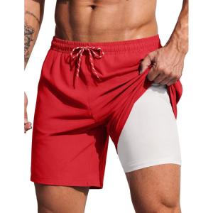 image:imageCOOFANDY 2 in 1 Mens Swim Trunks 7 Inch Quick Dry Board Shorts Beach Swim Shorts Bathing Suit with Compression LinerRed