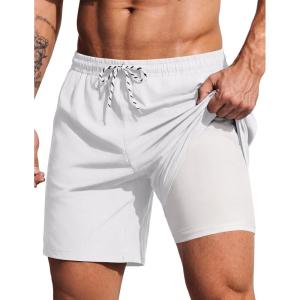 image:imageCOOFANDY 2 in 1 Mens Swim Trunks 7 Inch Quick Dry Board Shorts Beach Swim Shorts Bathing Suit with Compression LinerWhite