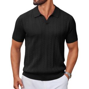 image:imageCOOFANDY Knit Polo Shirts for Men Short Sleeve V Neck Polo Lightweight Summer Casual Textured Polo ShirtsBlack