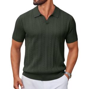 image:imageCOOFANDY Knit Polo Shirts for Men Short Sleeve V Neck Polo Lightweight Summer Casual Textured Polo ShirtsDark Green
