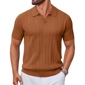 image:imageCOOFANDY Knit Polo Shirts for Men Short Sleeve V Neck Polo Lightweight Summer Casual Textured Polo ShirtsLight Brown