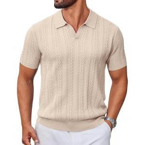 image:imageCOOFANDY Knit Polo Shirts for Men Short Sleeve V Neck Polo Lightweight Summer Casual Textured Polo ShirtsLight Scarlet