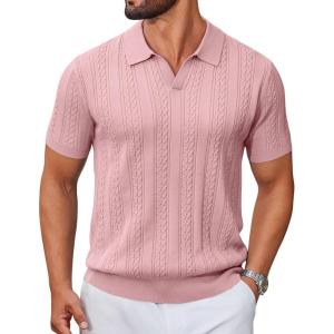 image:imageCOOFANDY Knit Polo Shirts for Men Short Sleeve V Neck Polo Lightweight Summer Casual Textured Polo ShirtsLotus Pink