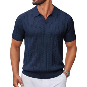 image:imageCOOFANDY Knit Polo Shirts for Men Short Sleeve V Neck Polo Lightweight Summer Casual Textured Polo ShirtsNavy