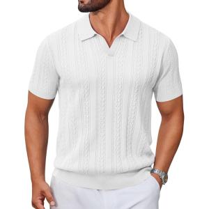 image:imageCOOFANDY Knit Polo Shirts for Men Short Sleeve V Neck Polo Lightweight Summer Casual Textured Polo ShirtsWhite