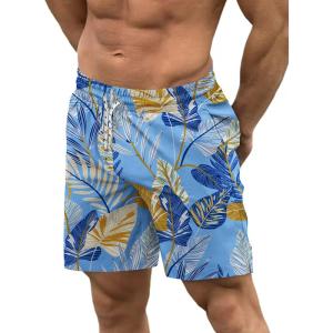 image:imageCOOFANDY Men Swim Trunk with Compression Liner 2 in 1 Swimwear Bathing Suit Quick Dry Board ShortP Light Blue Leaves
