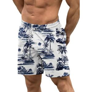 image:imageCOOFANDY Men Swim Trunk with Compression Liner 2 in 1 Swimwear Bathing Suit Quick Dry Board ShortP Navy Blue Coconut Tree
