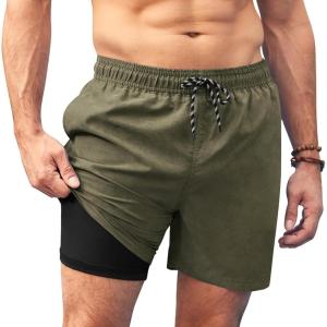 image:imageCOOFANDY Men Swim Trunk with Compression Liner 2 in 1 Swimwear Bathing Suit Quick Dry Board ShortZ Deep Army Green