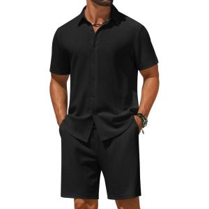 image:imageCOOFANDY Mens 2 Piece Outfit Casual Short Sleeve Button Down Shirt and Beach Shorts Set Summer Vacation Outfits for MenBlack