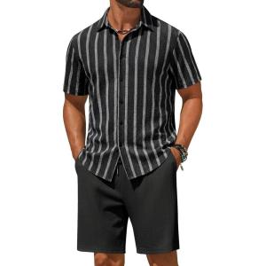 image:imageCOOFANDY Mens 2 Piece Outfit Casual Short Sleeve Button Down Shirt and Beach Shorts Set Summer Vacation Outfits for MenBlack Stripe
