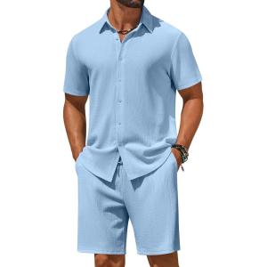 image:imageCOOFANDY Mens 2 Piece Outfit Casual Short Sleeve Button Down Shirt and Beach Shorts Set Summer Vacation Outfits for MenBlue