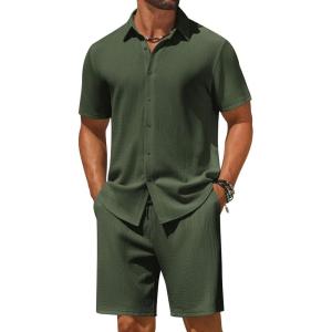 image:imageCOOFANDY Mens 2 Piece Outfit Casual Short Sleeve Button Down Shirt and Beach Shorts Set Summer Vacation Outfits for MenDark Green
