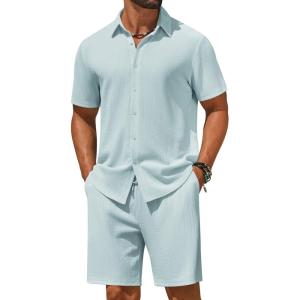 image:imageCOOFANDY Mens 2 Piece Outfit Casual Short Sleeve Button Down Shirt and Beach Shorts Set Summer Vacation Outfits for MenLight Blue