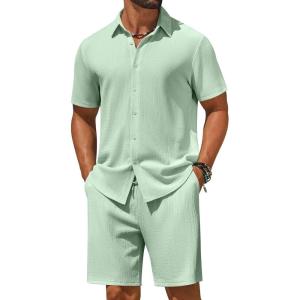 image:imageCOOFANDY Mens 2 Piece Outfit Casual Short Sleeve Button Down Shirt and Beach Shorts Set Summer Vacation Outfits for MenLight Green