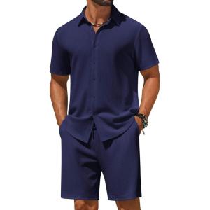 image:imageCOOFANDY Mens 2 Piece Outfit Casual Short Sleeve Button Down Shirt and Beach Shorts Set Summer Vacation Outfits for MenNavy Blue